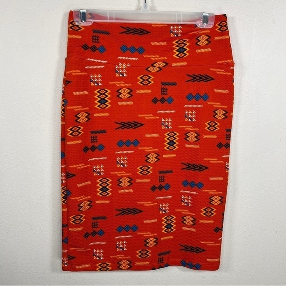 SMALL LULAROE RED ORANGE COLORFUL WESTERN SOUTHWESTERN PRINT STRETCH - Picture 5 of 10